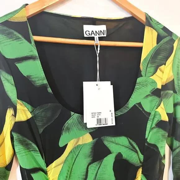 NWT GANNI Ruched Tropical Print Stretch-Mesh Midi Dress Sz. 8 - Picture 4 of 6